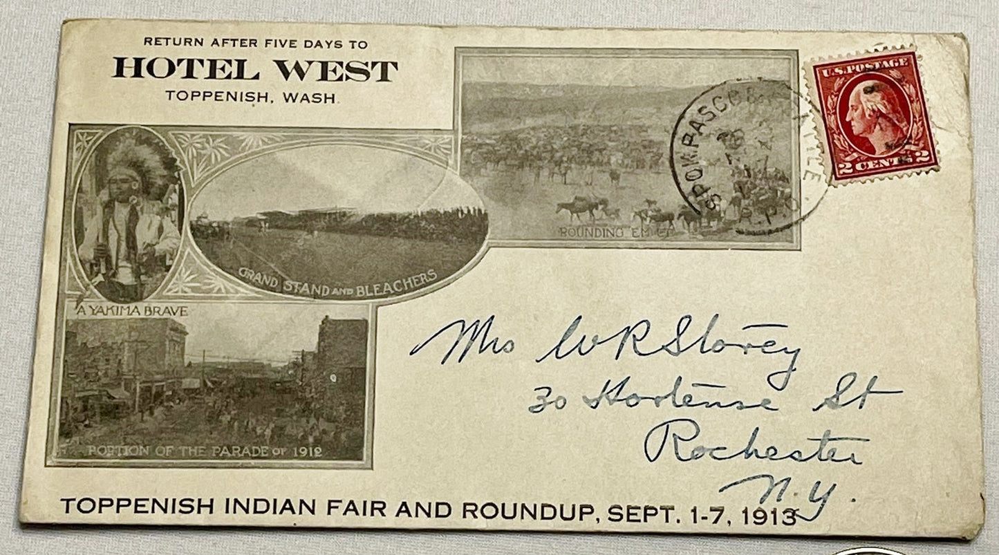 Antique 1913 Toppenish Indian Fair and Roundup September 1-7, 1913 Hotel West Advertising Postmarked Envelope