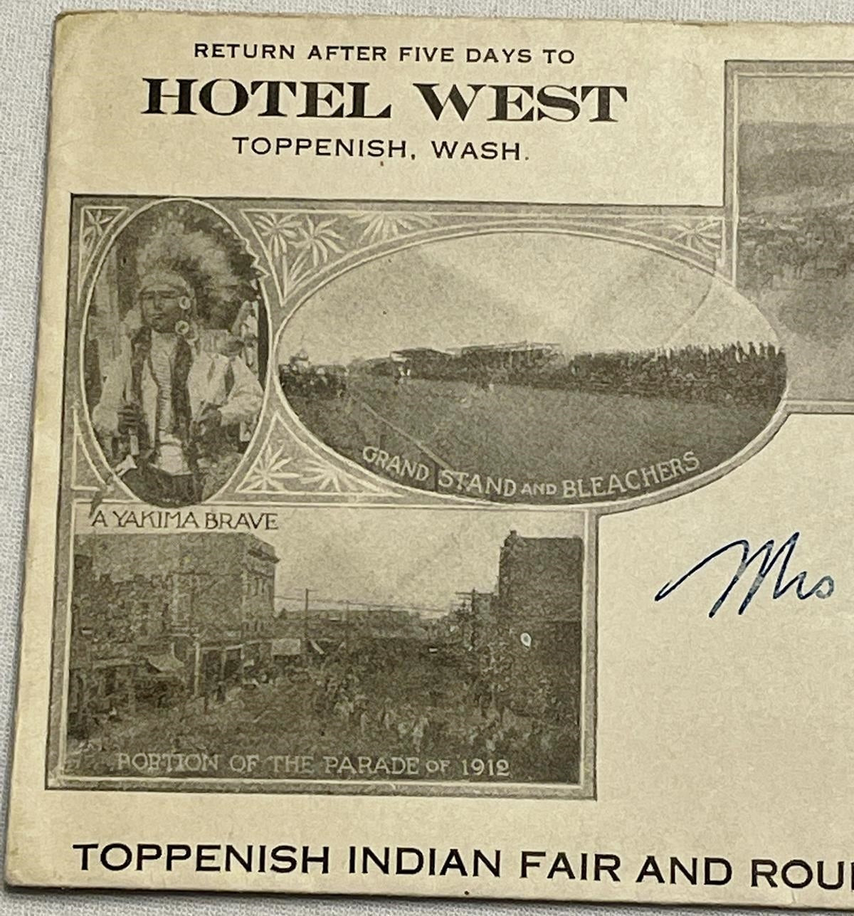 Antique 1913 Toppenish Indian Fair and Roundup September 1-7, 1913 Hotel West Advertising Postmarked Envelope