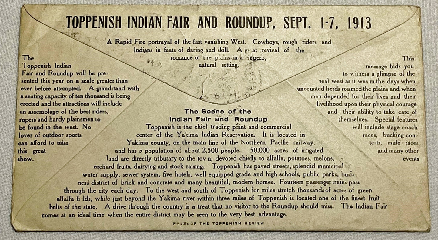 Antique 1913 Toppenish Indian Fair and Roundup September 1-7, 1913 Hotel West Advertising Postmarked Envelope