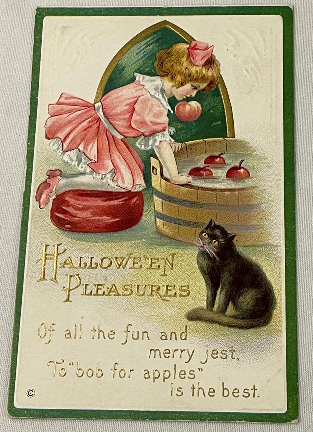 Antique C. 1910 "Hallowe'en Pleasures" Embossed Halloween Postcard UNUSED